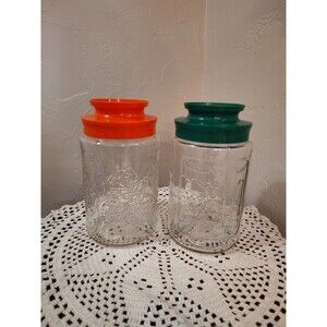 Anchor Hocking Glass Canisters Jar Diamond Green Orange Plastic Lid Vintage